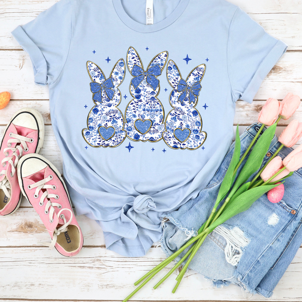 Blue Floral Bunnies Transfer