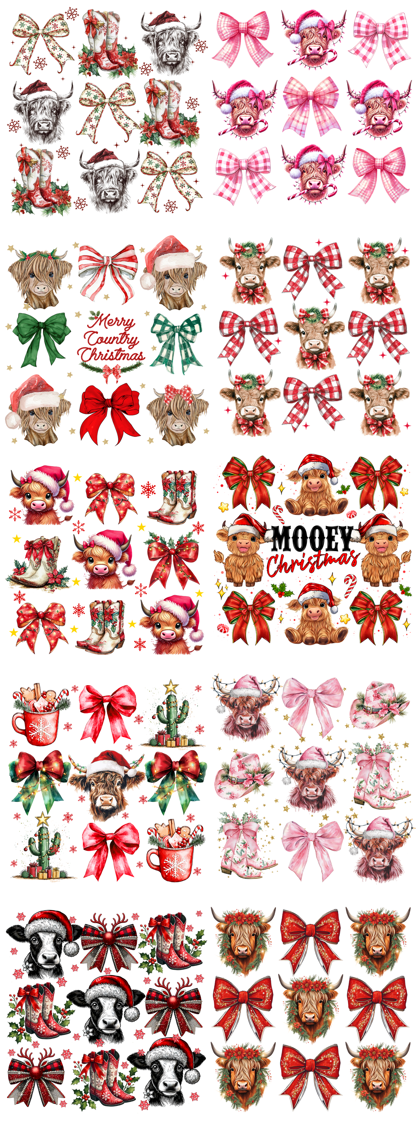 PREMADE GANG SHEET - Coquette Cow Christmas Collages Transfers